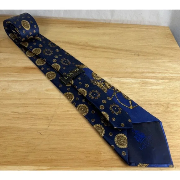 LANVIN Men's Designer Paris Made in France Gold Blue Bird Silk Tie - Picture 4 of 6